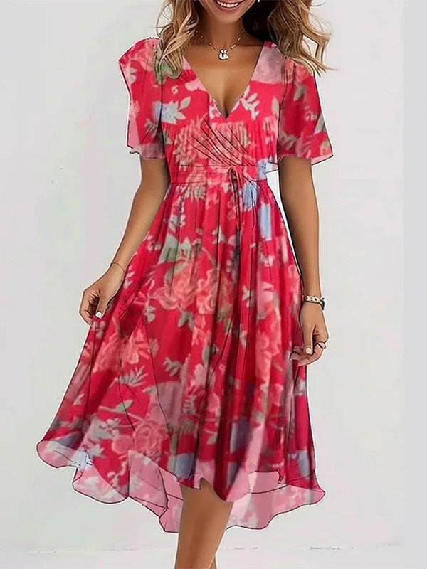 Women Floral Short Sleeve Summer Printing Dress V Neck Daily Vintage Maxi Ruffle Skirt A-Line Dress