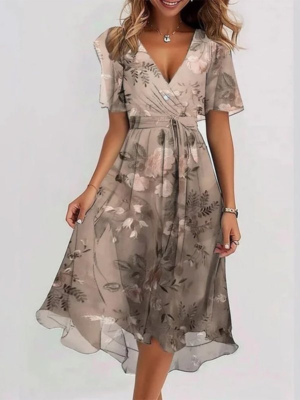 Women Floral Short Sleeve Summer Printing Dress V Neck Daily Vintage Maxi Ruffle Skirt A-Line Dress