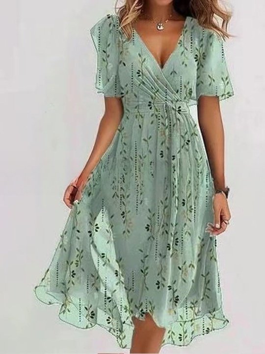 Women Floral Short Sleeve Summer Printing Dress V Neck Daily Vintage Maxi Ruffle Skirt A-Line Dress