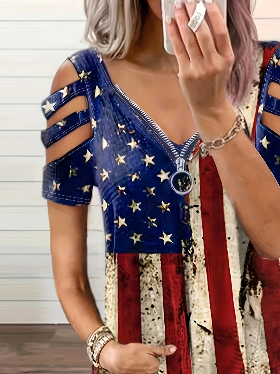 Women Independence Day (Flag) Short Sleeve Tee T-shirt V Neck Printing Vintage Summer Tunic Top