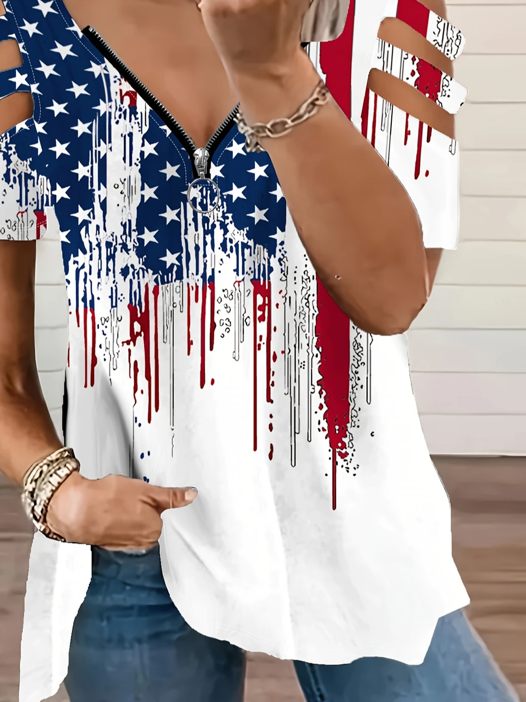 Women Independence Day (Flag) Short Sleeve Tee T-shirt V Neck Printing Vintage Summer Tunic Top