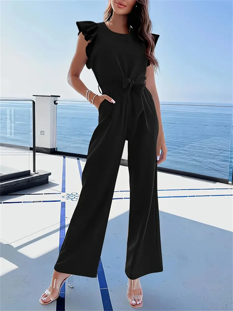 Women Plain Crew Neck Sleeveless Casual Ruffle Sleeve Summer Jumpsuit