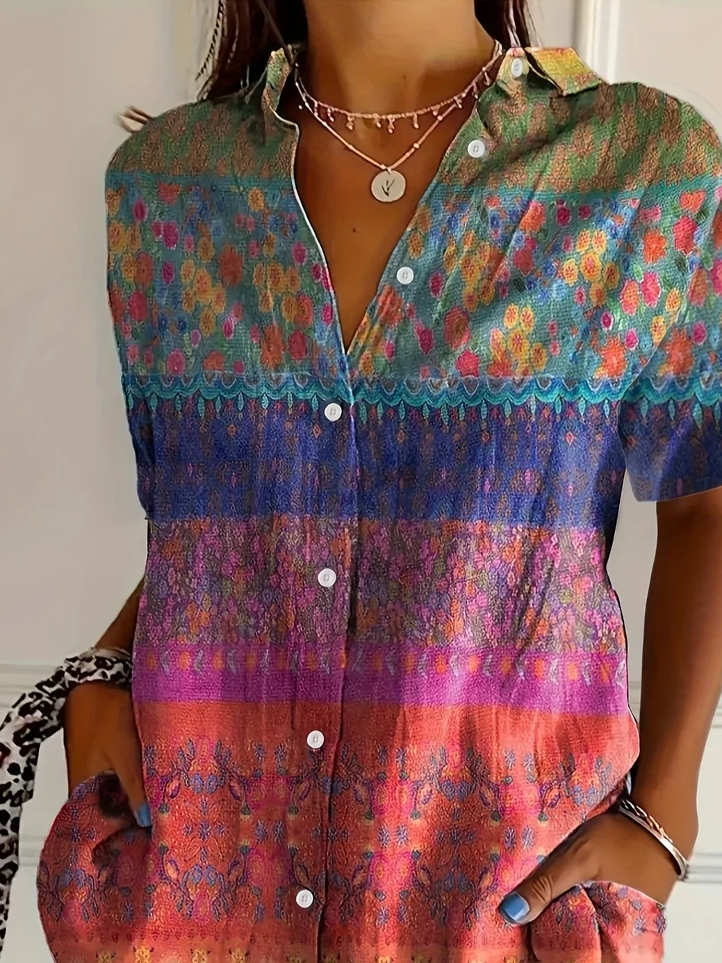 Women Floral Short Sleeve Shirt Summer Printing Shirt Collar Daily Casual Top