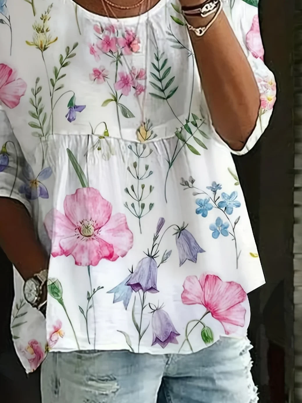 Women Floral Half Sleeve Shirt Summer Printing Crew Neck Daily Casual Top
