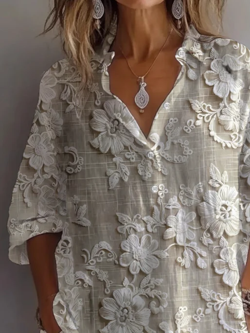 Women Floral Long Sleeve Shirt Spring/Fall Printing Shirt Collar Daily Casual Top