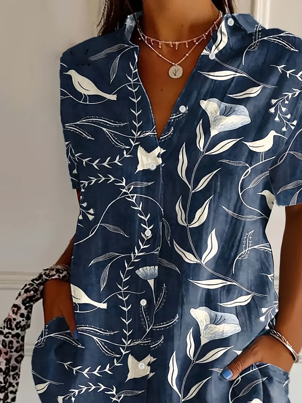 Women Floral Short Sleeve Shirt Summer Printing Shirt Collar Daily Casual Top