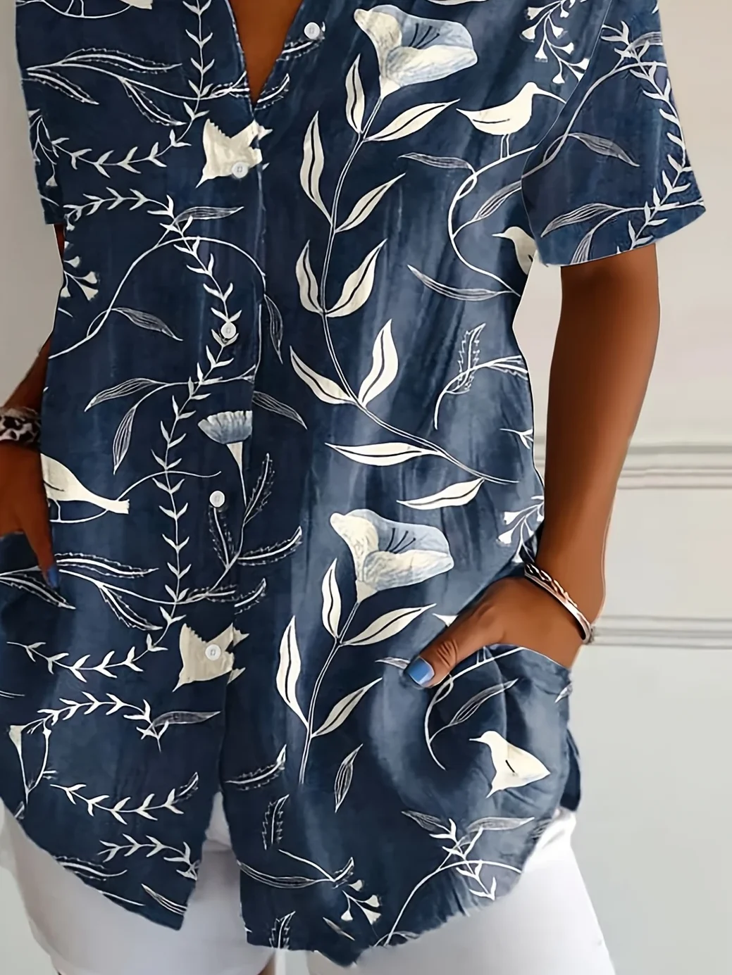 Women Floral Short Sleeve Shirt Summer Printing Shirt Collar Daily Casual Top