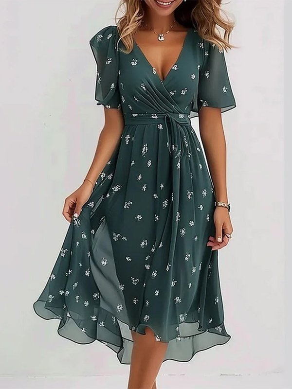 Women Floral Short Sleeve Summer Printing Dress V Neck Daily Vintage Maxi Ruffle Skirt A-Line Dress