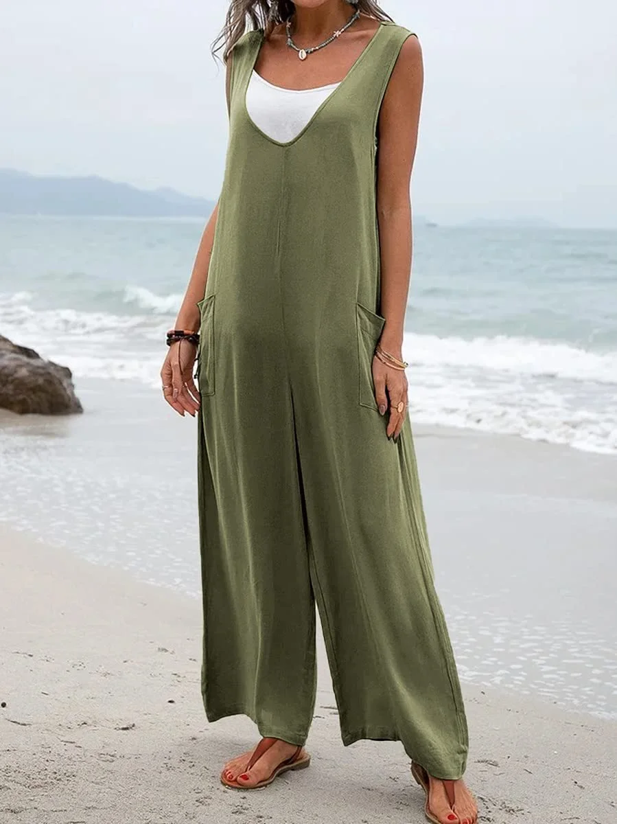 Women Plain Crew Neck Sleeveless Casual Summer Jumpsuit
