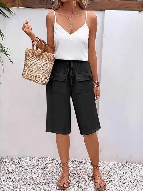 Women Plain Fifth Pants Elastic Waist Pants Casual Summer Trousers