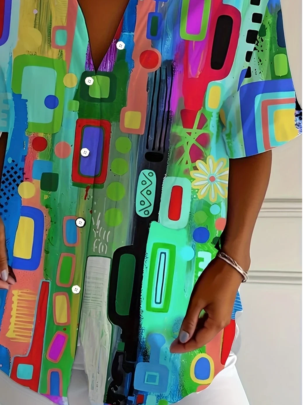 Women Abstract Short Sleeve Shirt Summer Printing Shirt Collar Daily Casual Top