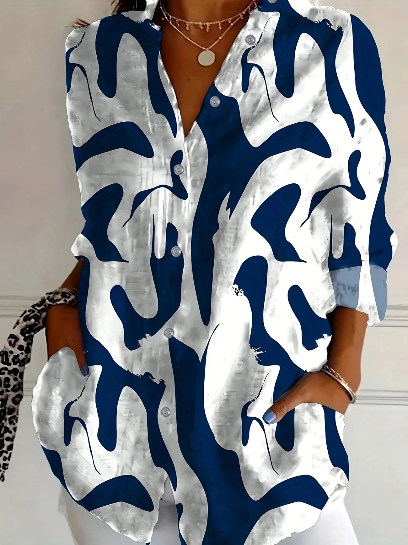 Women Abstract Long Sleeve Shirt Spring/Fall Buckle Shirt Collar Daily Casual Top