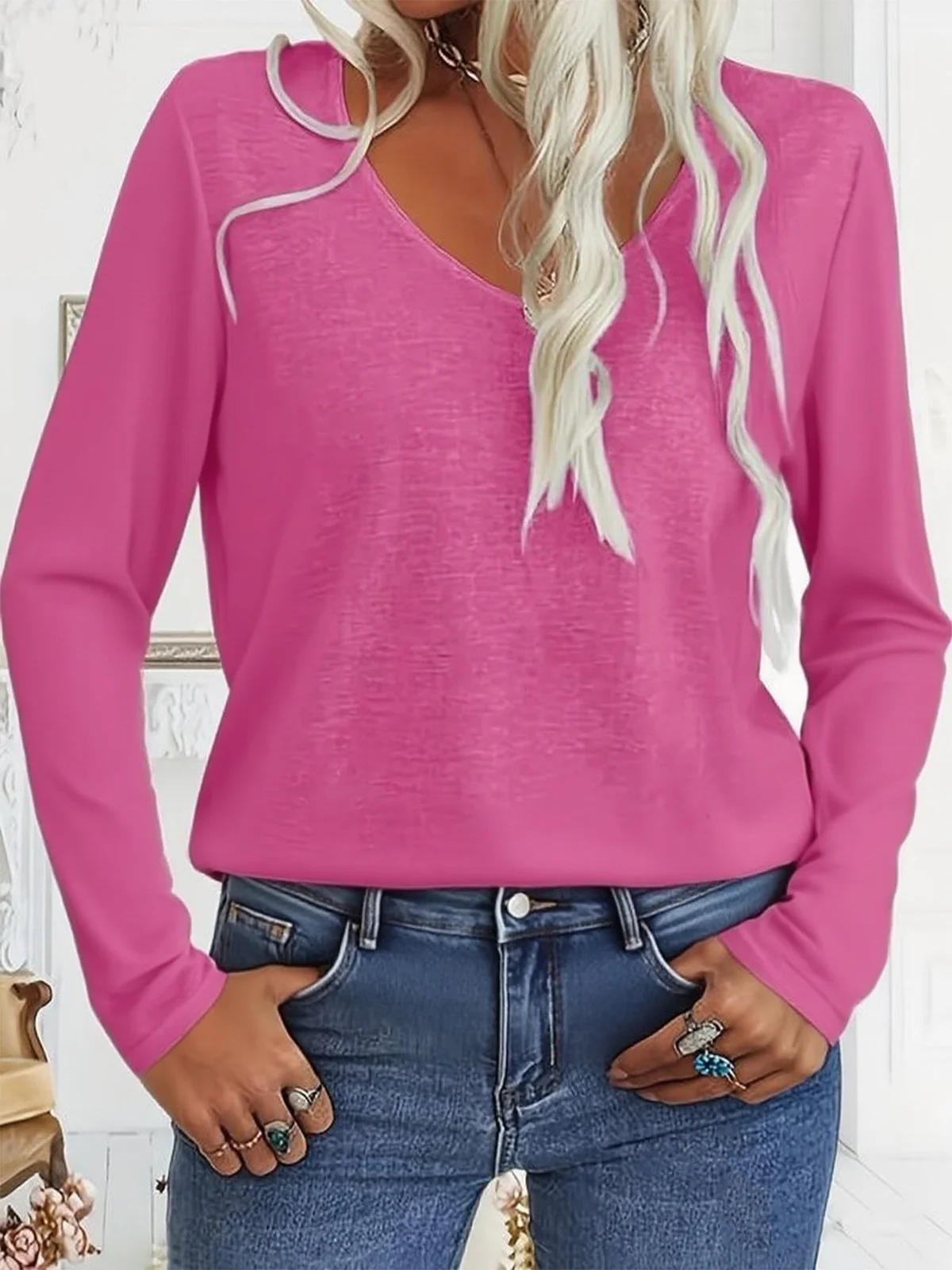 Women Plain Long Sleeve Blouse Spring/Fall V Neck Daily Casual Top