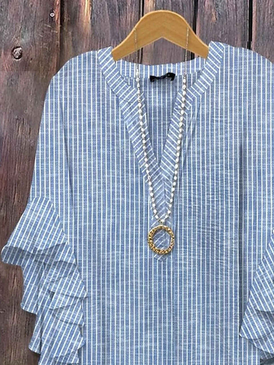 Women Striped Half Sleeve Shirt Summer Printing V Neck Daily Casual Top