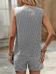 Women Striped Two-Piece Set Daily Sleeveless Casual Summer Short Sets Matching Set