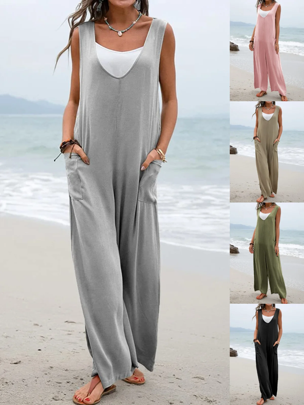Women Plain Crew Neck Sleeveless Casual Summer Jumpsuit