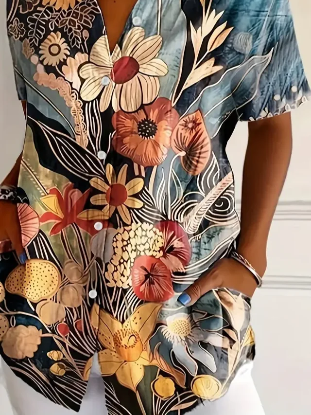 Women Floral Short Sleeve Shirt Summer Printing Shirt Collar Daily Casual Top