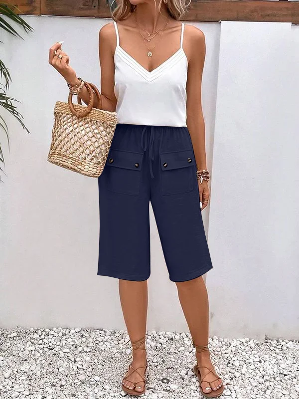 Women Plain Fifth Pants Elastic Waist Pants Casual Summer Trousers