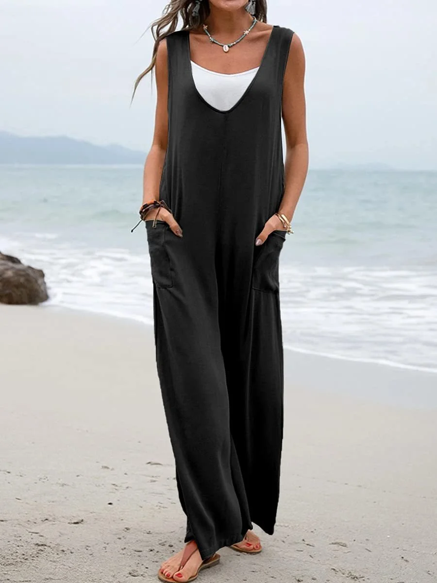 Women Plain Crew Neck Sleeveless Casual Summer Jumpsuit