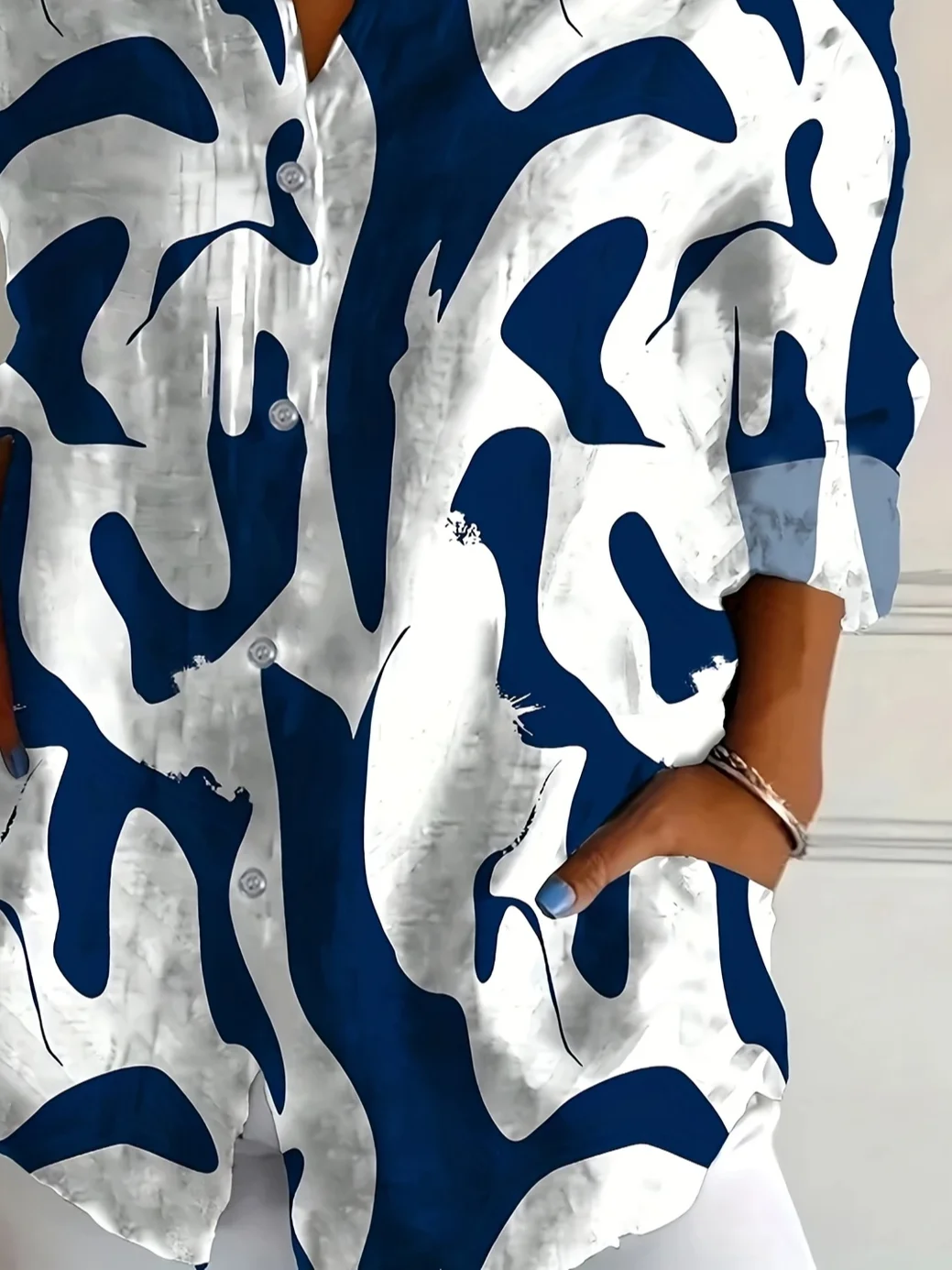 Women Abstract Long Sleeve Shirt Spring/Fall Buckle Shirt Collar Daily Casual Top
