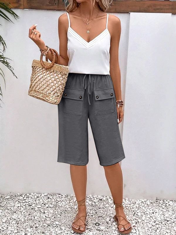 Women Plain Fifth Pants Elastic Waist Pants Casual Summer Trousers