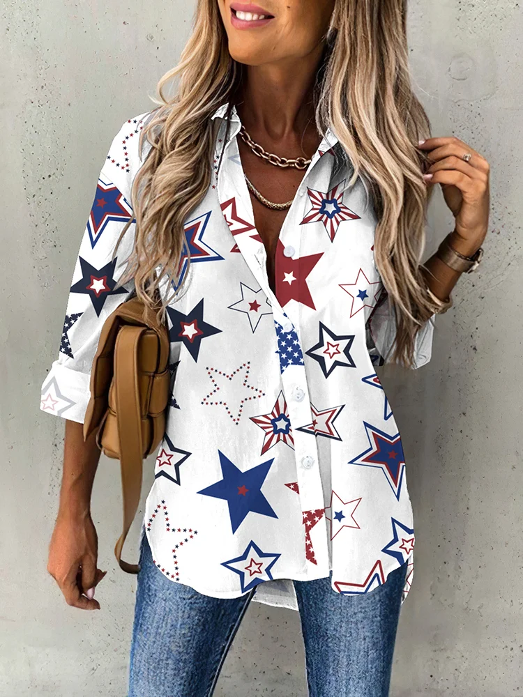 Women Star Long Sleeve Shirt Spring/Fall Printing Shirt Collar Daily Casual Top