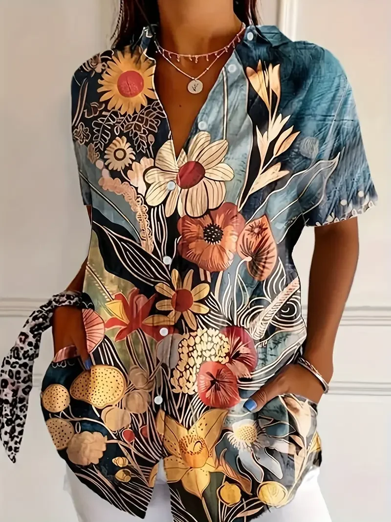 Women Floral Short Sleeve Shirt Summer Printing Shirt Collar Daily Casual Top