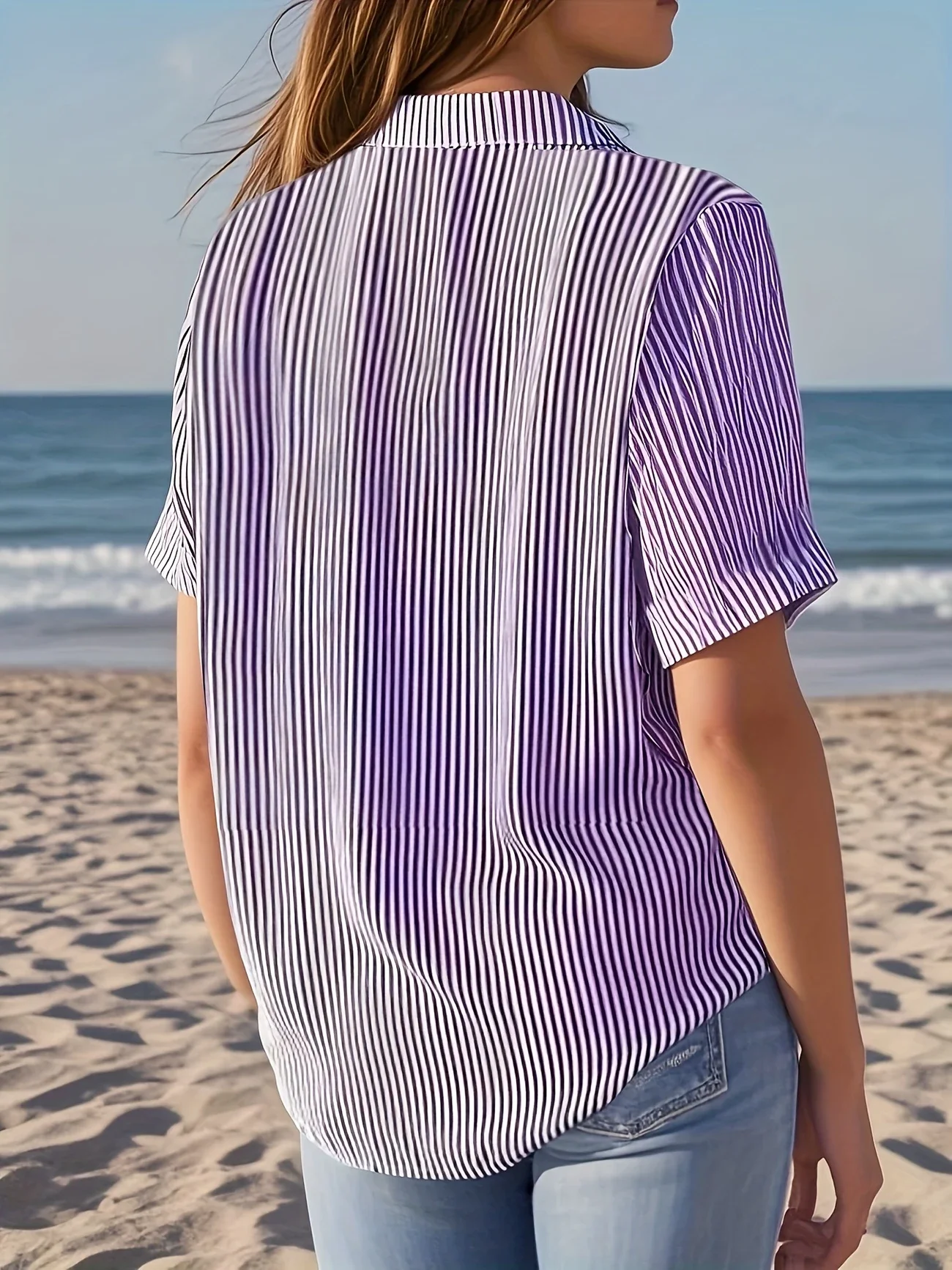 Women Striped Short Sleeve Shirt Summer Printing Shirt Collar Daily Casual Top