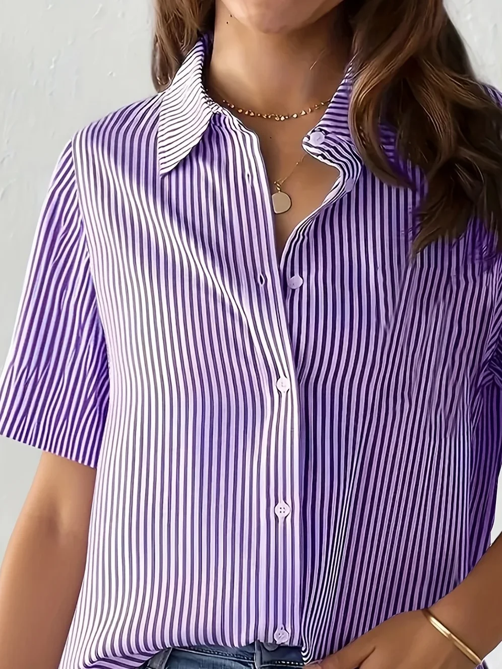 Women Striped Short Sleeve Shirt Summer Printing Shirt Collar Daily Casual Top