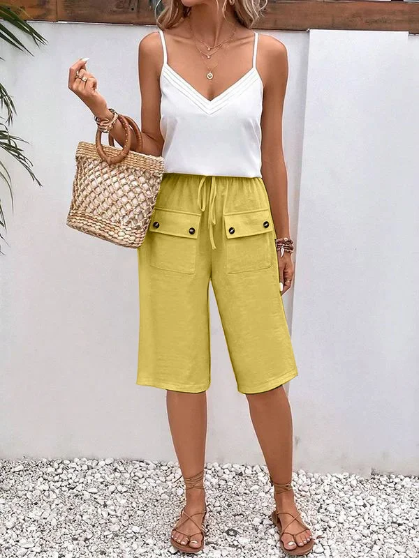 Women Plain Fifth Pants Elastic Waist Pants Casual Summer Trousers