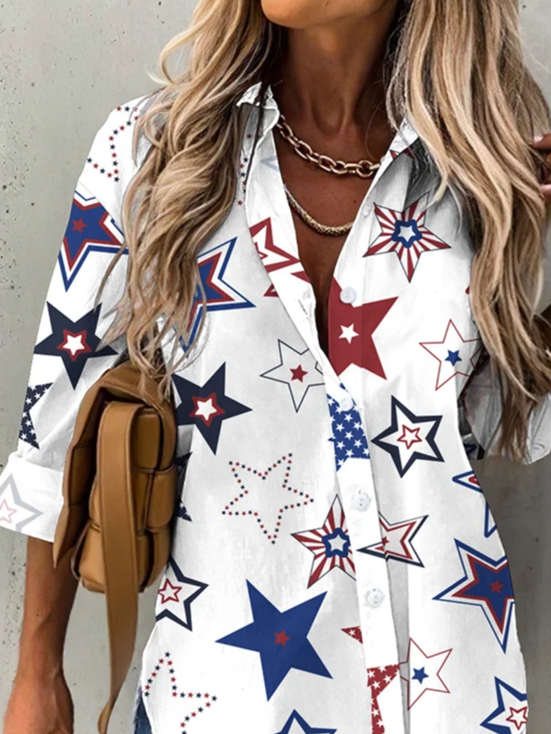 Women Star Long Sleeve Shirt Spring/Fall Printing Shirt Collar Daily Casual Top