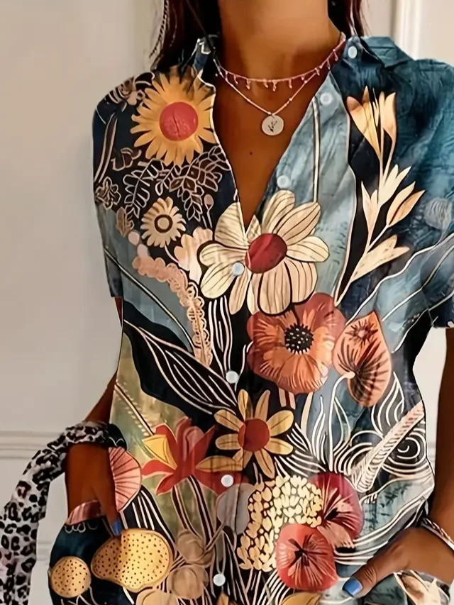 Women Floral Short Sleeve Shirt Summer Printing Shirt Collar Daily Casual Top