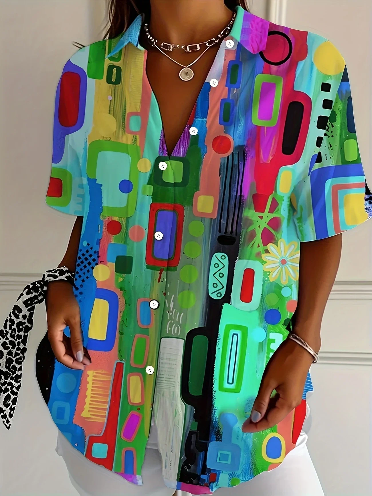 Women Abstract Short Sleeve Shirt Summer Printing Shirt Collar Daily Casual Top