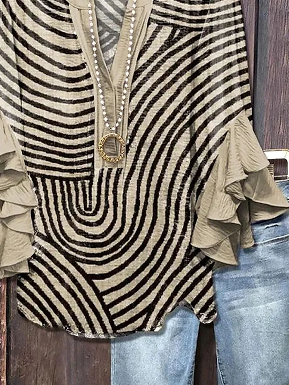 Women Abstract Stripes Half Sleeve Shirt Summer Printing V Neck Daily Casual Top
