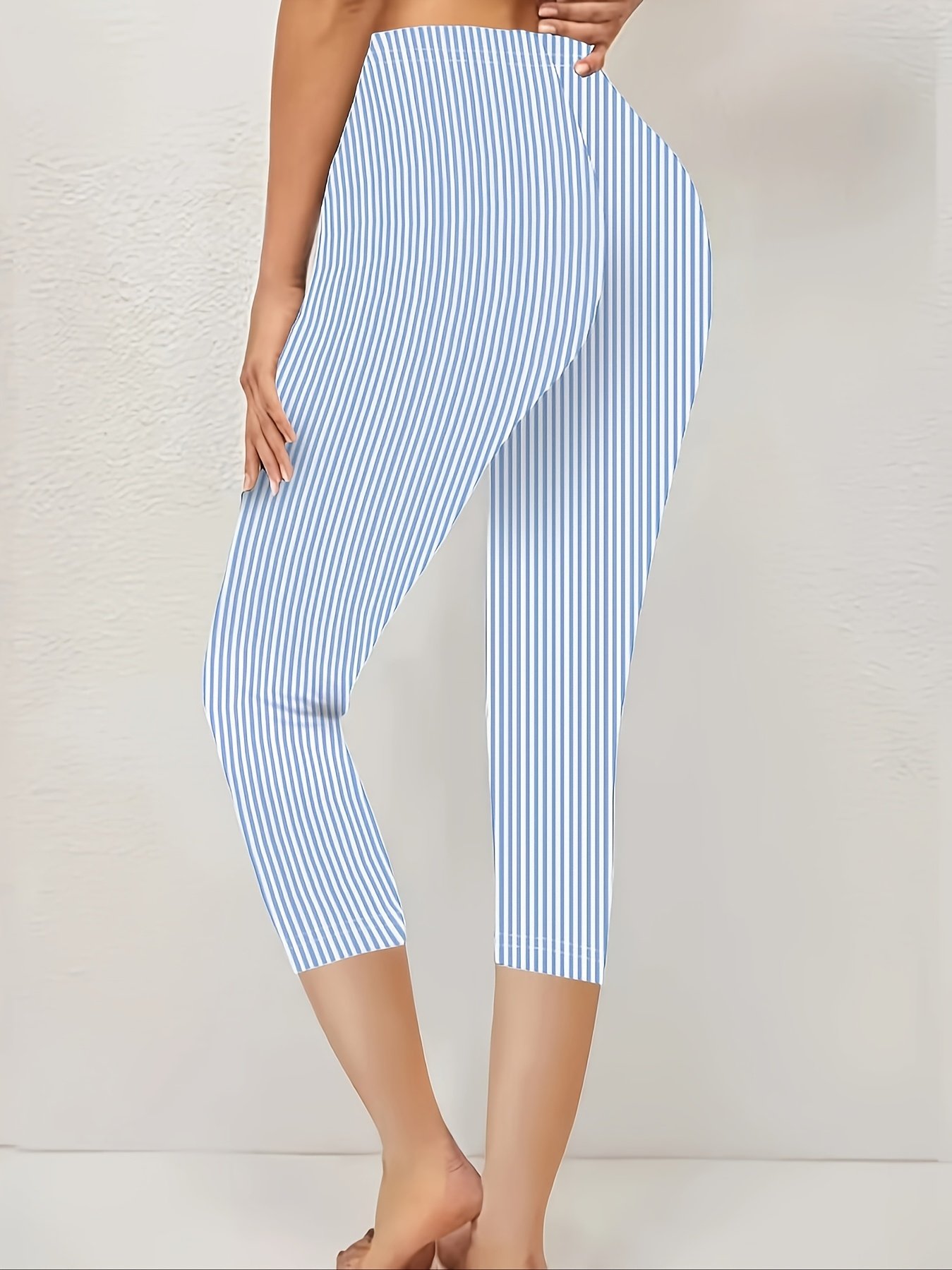 Women's Striped Capris Elastic Waist Pant Casual Summer Trousers