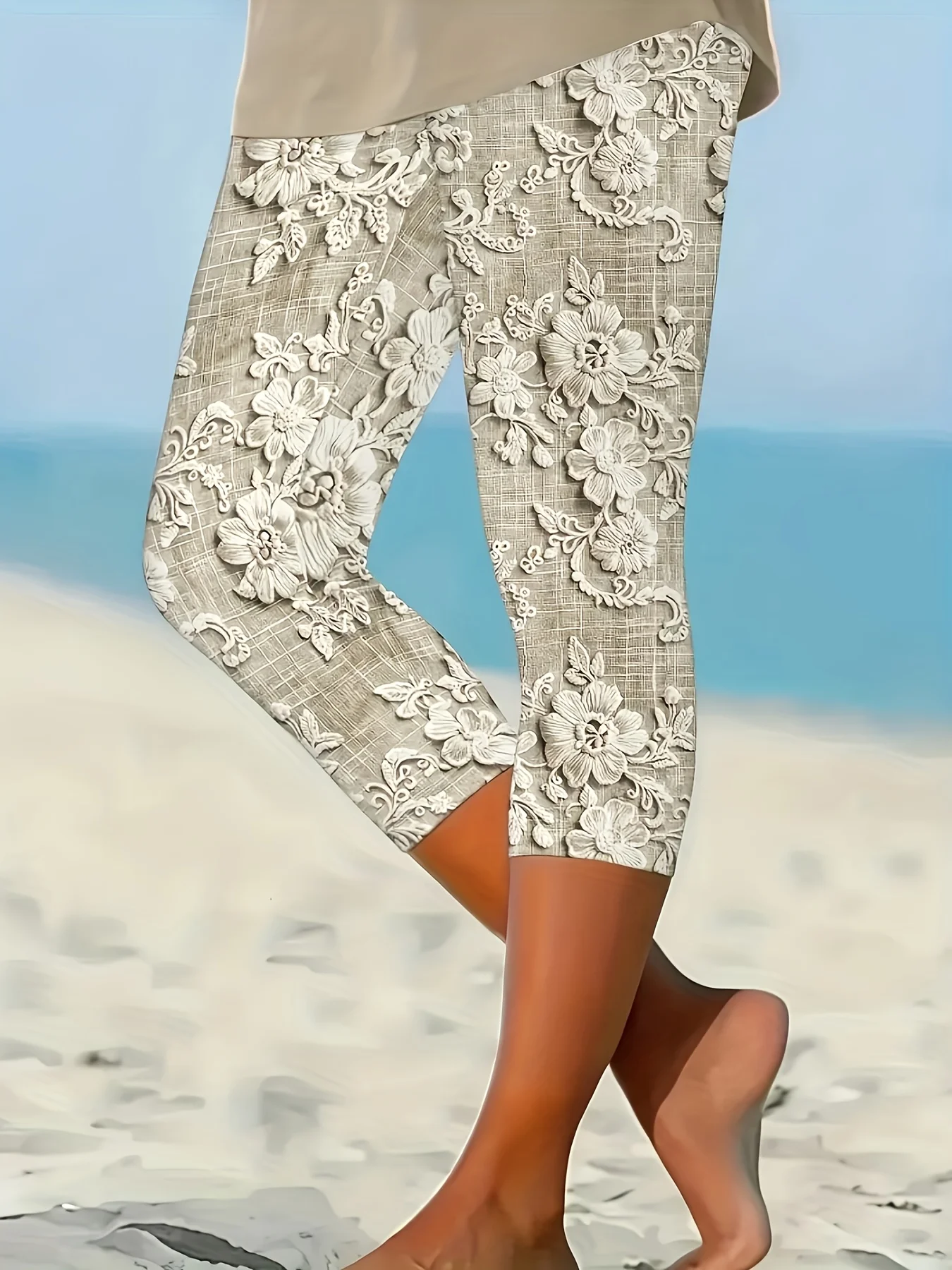 Women Floral Capris Elastic Waist Pants Casual Summer Trousers