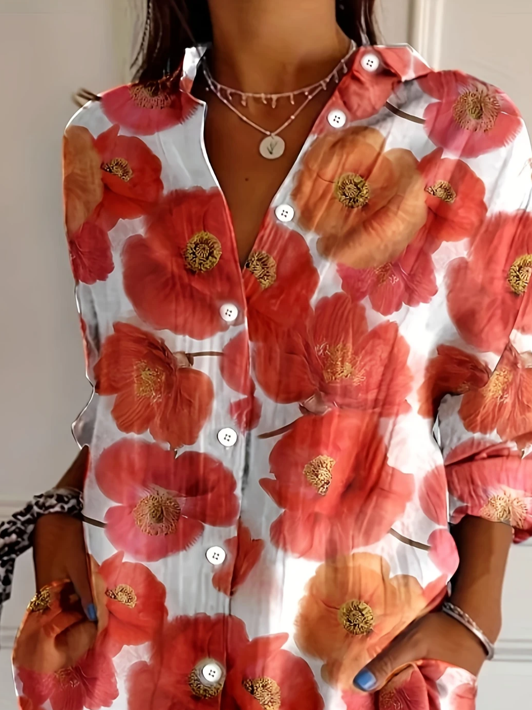 Women Floral Long Sleeve Shirt Spring/Fall Buckle Shirt Collar Daily Casual Top