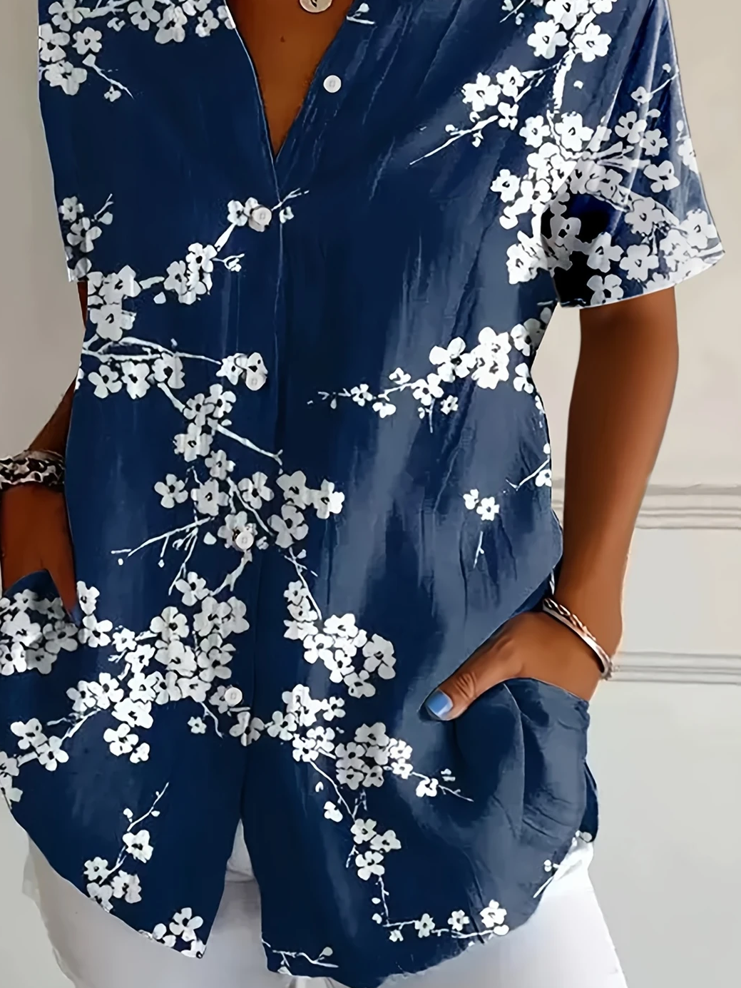 Women Floral Short Sleeve Shirt Summer Printing Shirt Collar Daily Casual Top