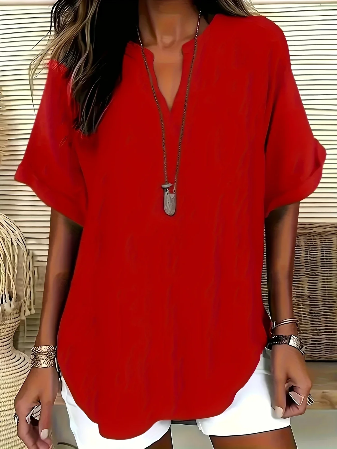 Women Plain Short Sleeve Shirt Summer V Neck Daily Casual Top