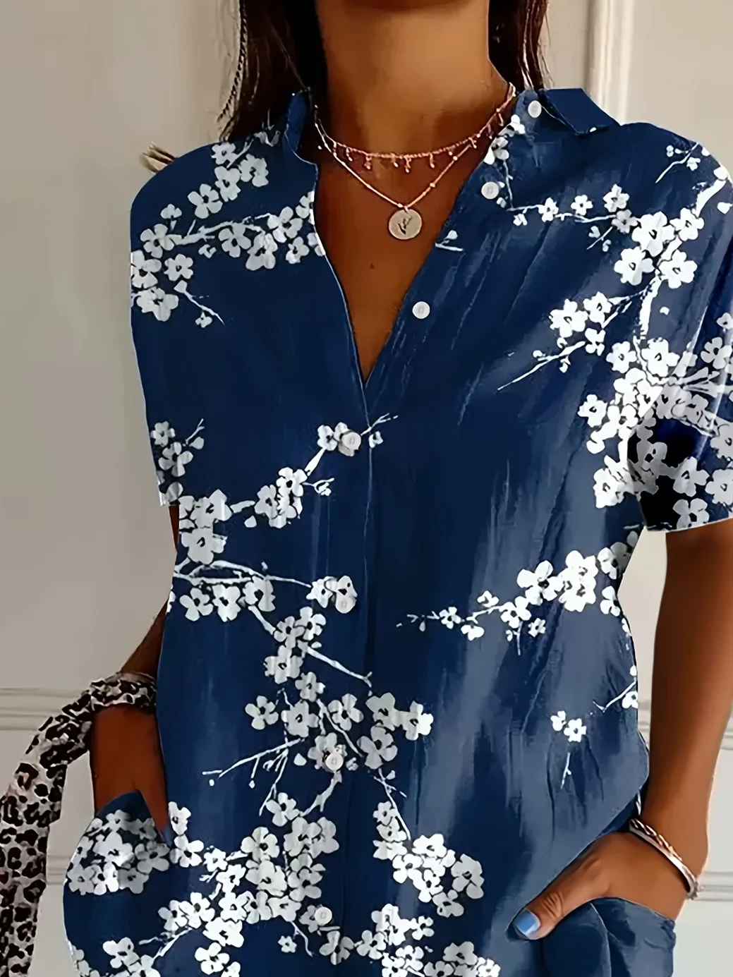 Women Floral Short Sleeve Shirt Summer Printing Shirt Collar Daily Casual Top