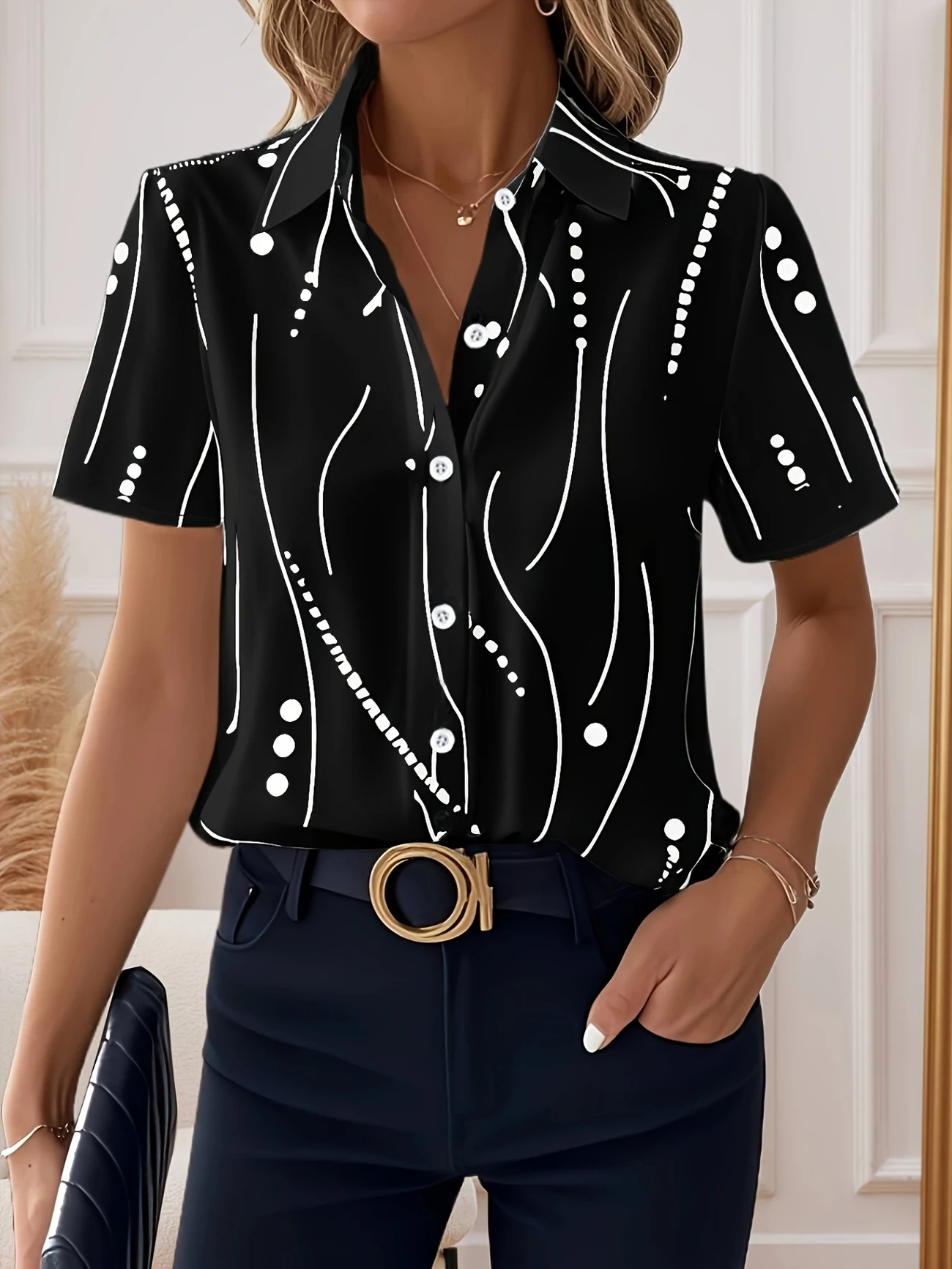 Women Abstract Stripes Short Sleeve Shirt Summer Printing Shirt Collar Daily Casual Top