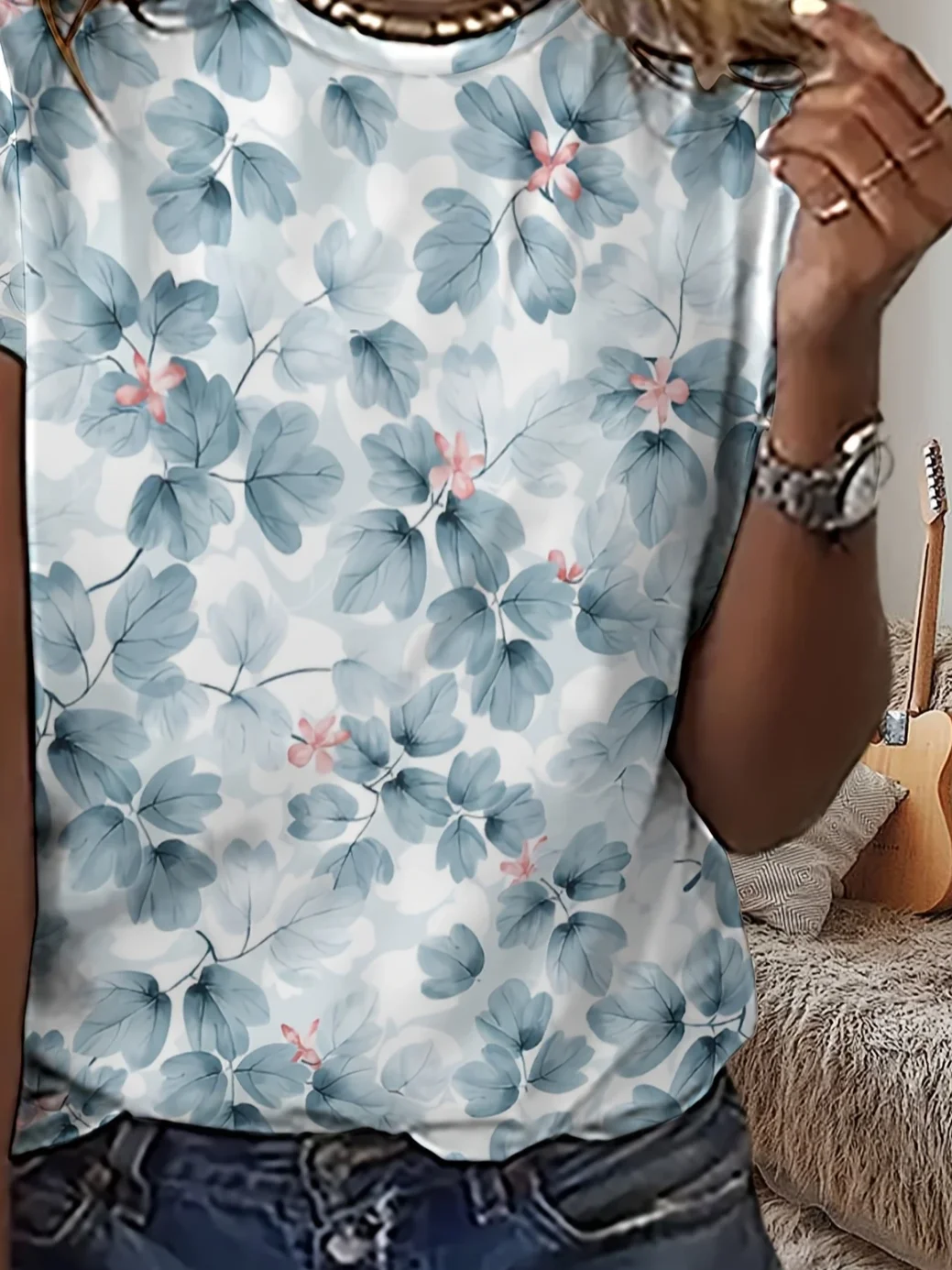 Women Floral Short Sleeve Tee T-shirt Crew Neck Printing Casual Summer Graphic Tee Top