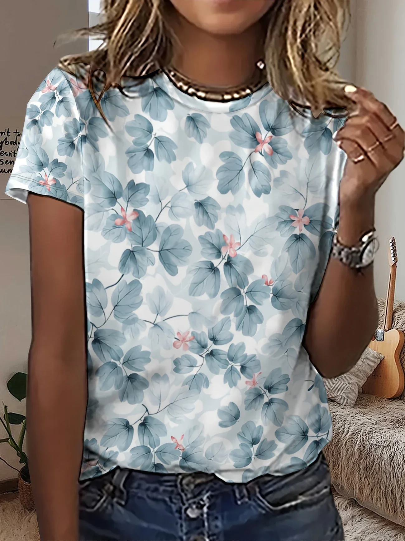 Women Floral Short Sleeve Tee T-shirt Crew Neck Printing Casual Summer Graphic Tee Top