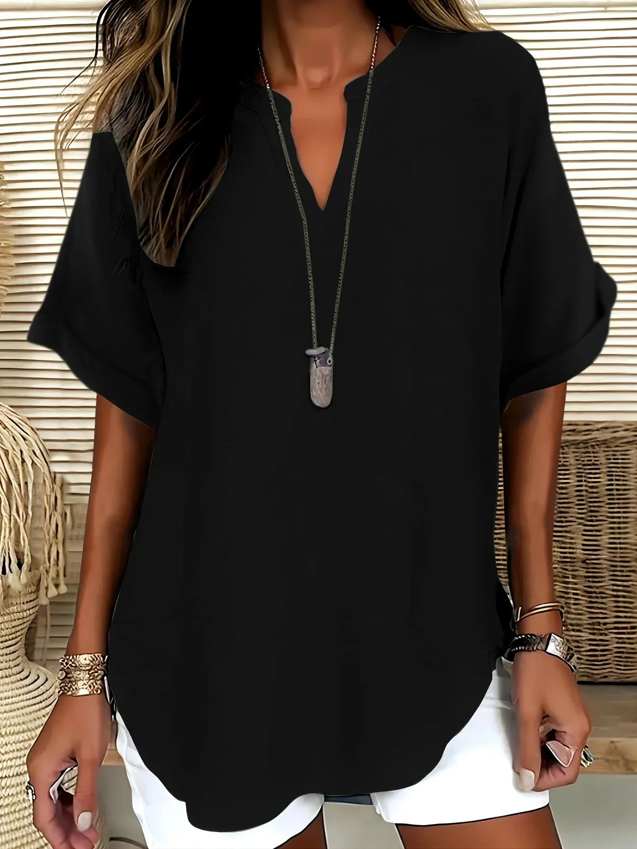 Women Plain Short Sleeve Shirt Summer V Neck Daily Casual Top
