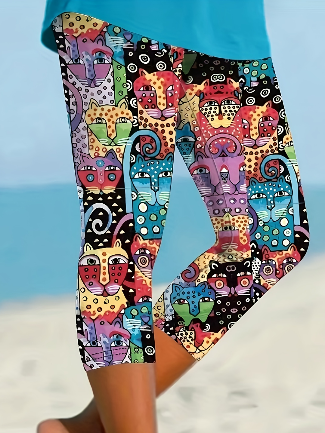 Women Cat Capris Elastic Waist Pants Casual Summer Trousers