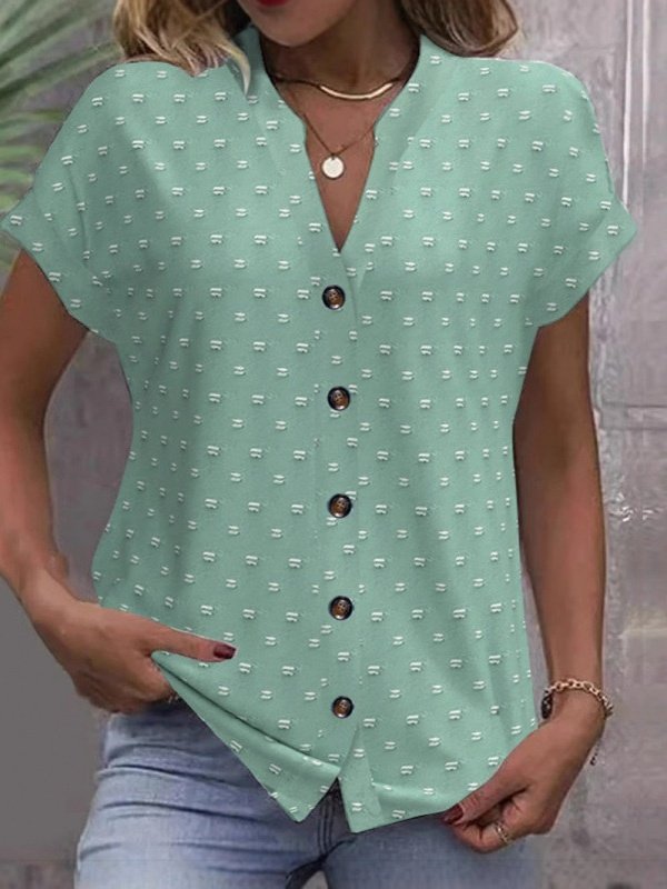 Women Polka Dots Short Sleeve Tee T-shirt V Neck Jacquard Casual Summer Top
