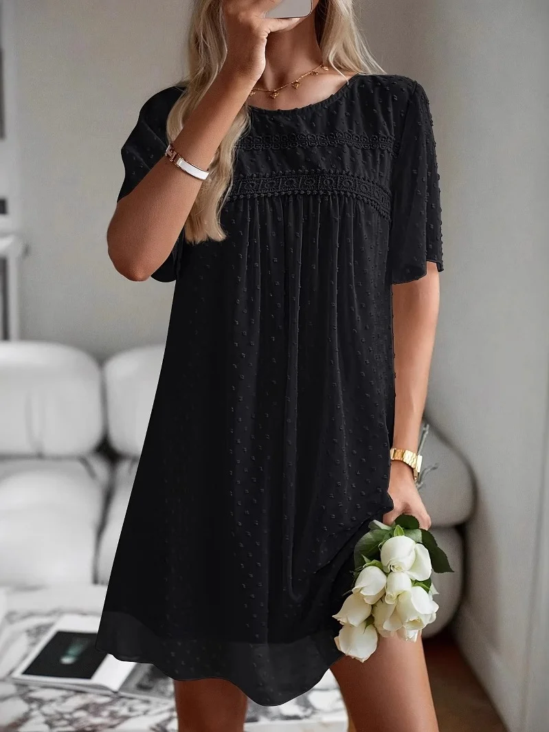 Women Polka Dots Short Sleeve Summer Split Joint Dress V Neck Daily Vintage Mini Classic A-Line Dress