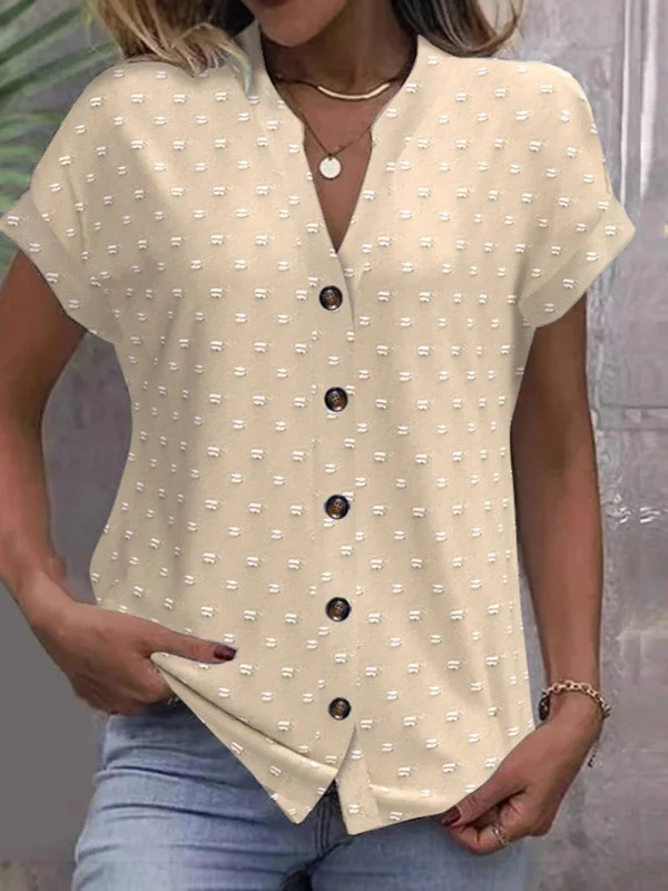 Women Polka Dots Short Sleeve Tee T-shirt V Neck Jacquard Casual Summer Top