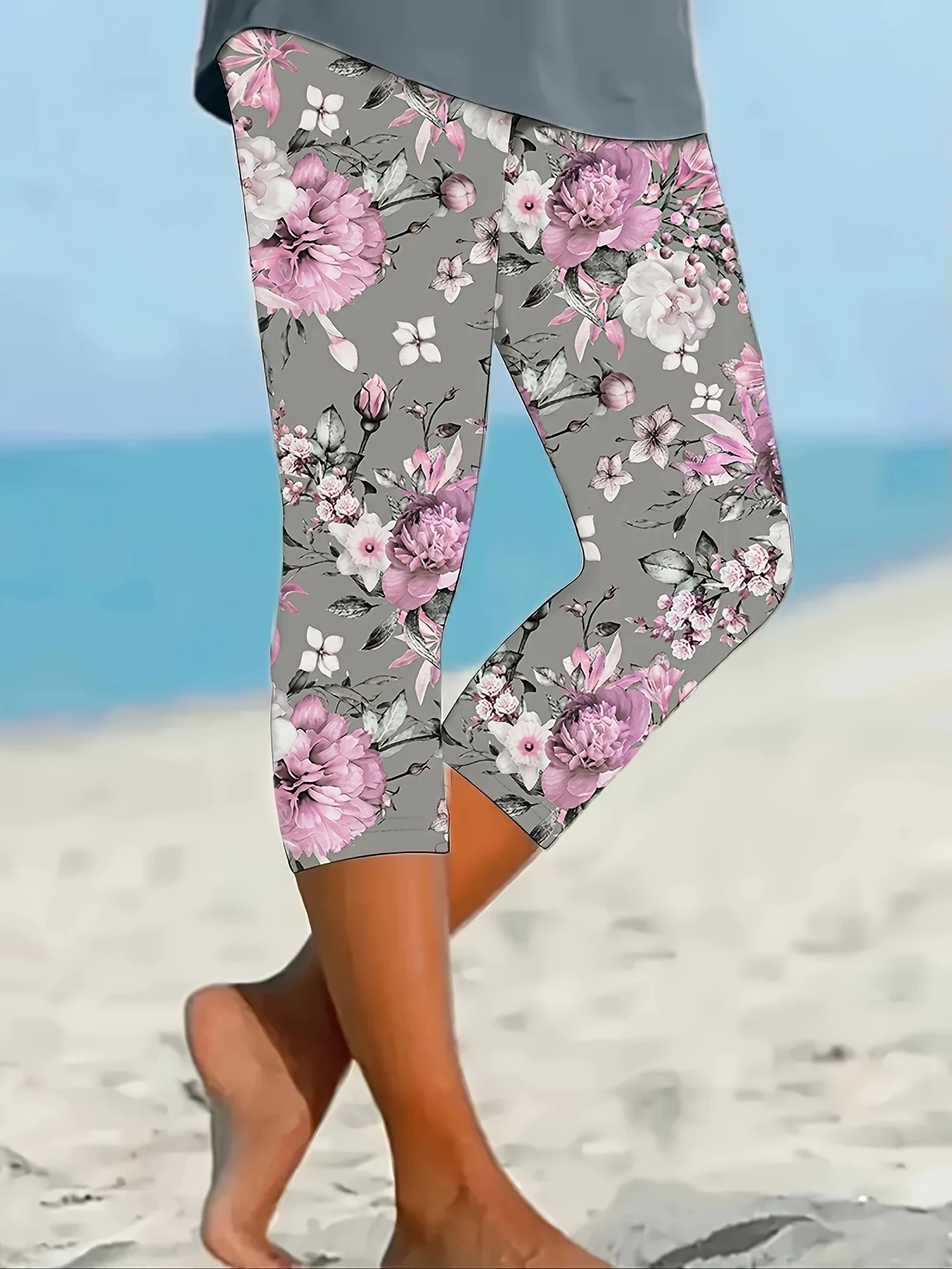Women Floral Capris Elastic Waist Pants Casual Summer Trousers