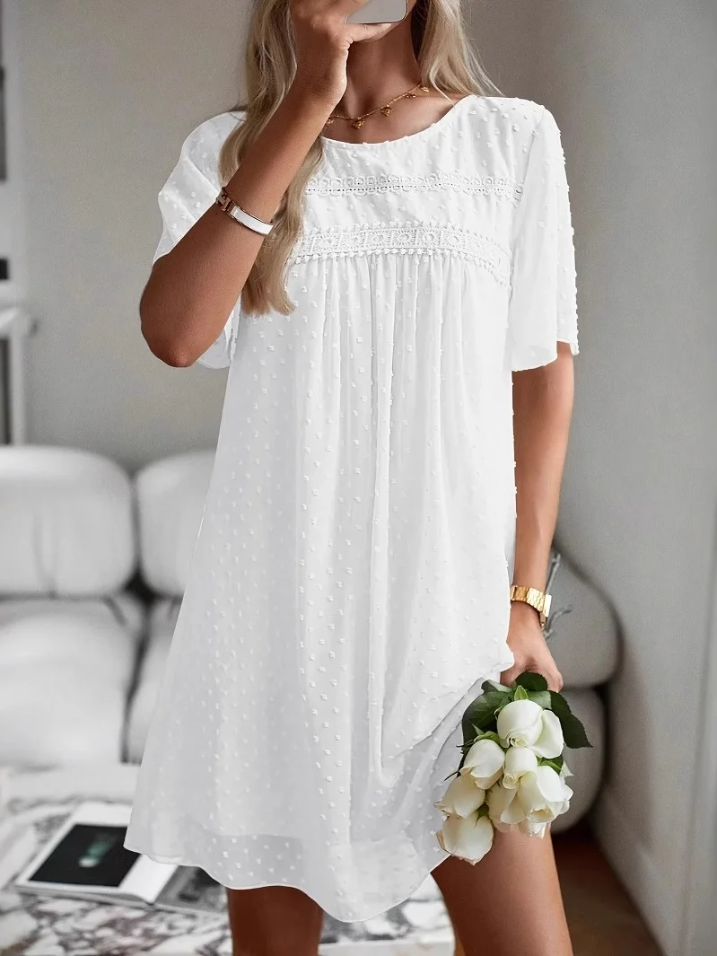 Women Polka Dots Short Sleeve Summer Split Joint Dress V Neck Daily Vintage Mini Classic A-Line Dress